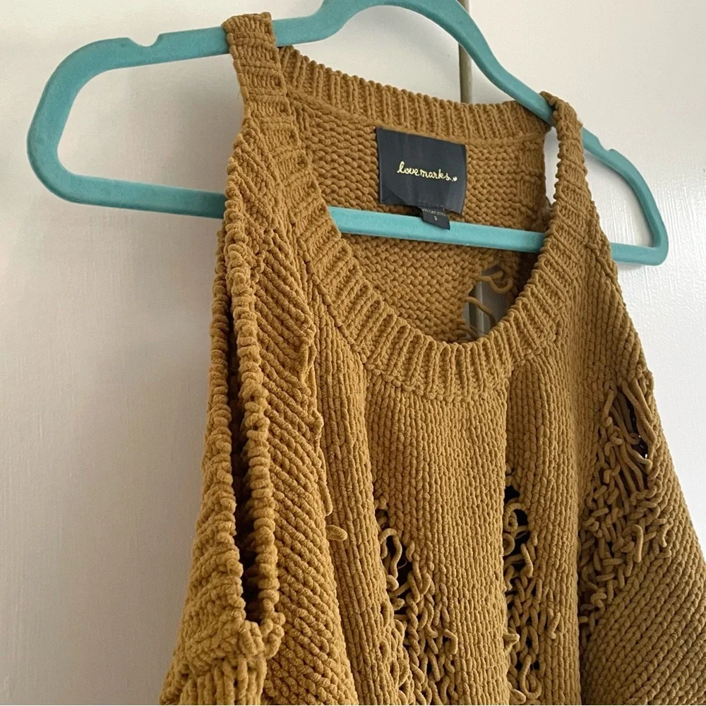Love Marks Distressed Cold Shoulder Sweater in Mustard Yellow Size Small